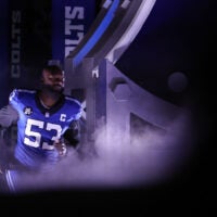 Dec 22, 2025; Indianapolis, Indiana, USA; Indianapolis Colts linebacker Germaine Pratt (53) runs onto the field prior to the game against the San Francisco 49ers at Lucas Oil Stadium.