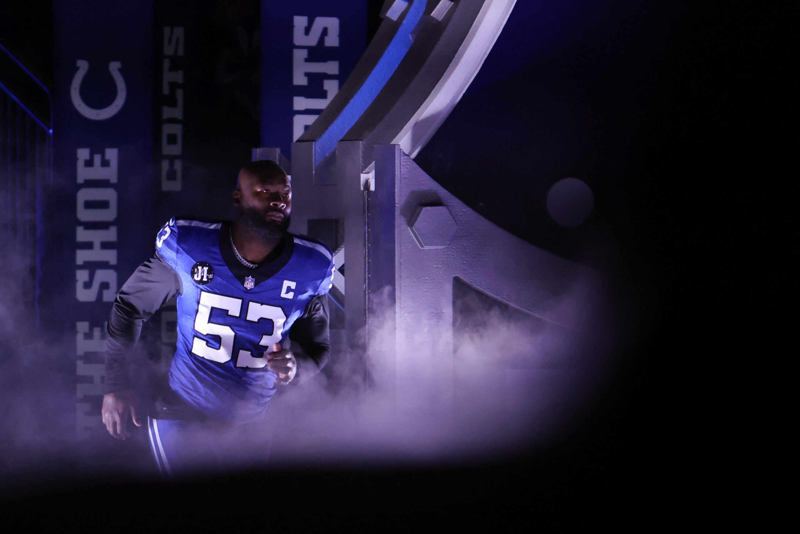 Dec 22, 2025; Indianapolis, Indiana, USA; Indianapolis Colts linebacker Germaine Pratt (53) runs onto the field prior to the game against the San Francisco 49ers at Lucas Oil Stadium.