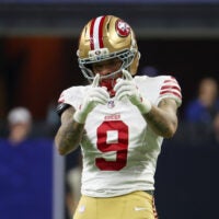 Dec 22, 2025; Indianapolis, Indiana, USA; San Francisco 49ers wide receiver Skyy Moore (9) celebrates after a play against the Indianapolis Colts in the second quarter of the game at Lucas Oil Stadium.