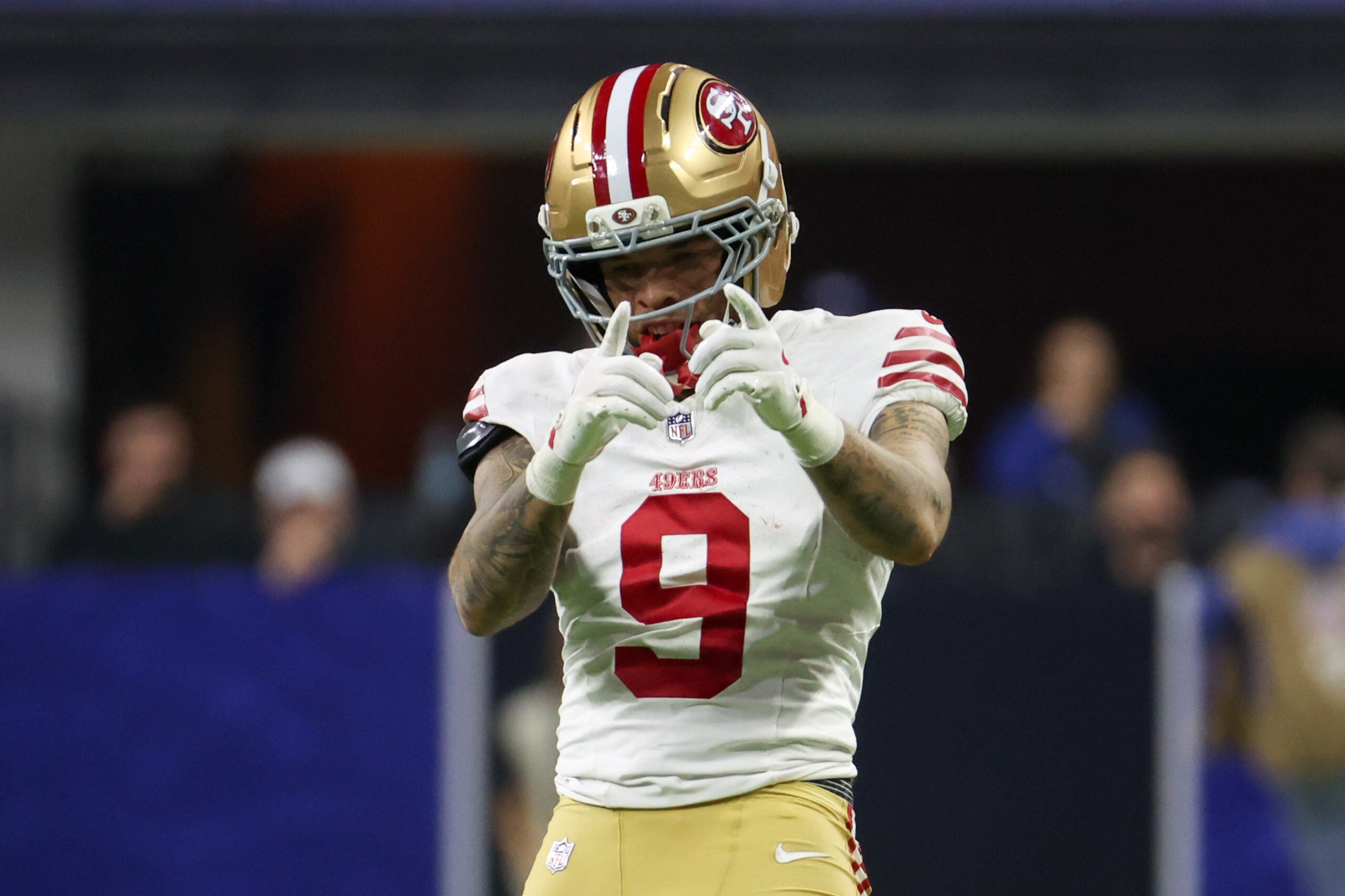 Dec 22, 2025; Indianapolis, Indiana, USA; San Francisco 49ers wide receiver Skyy Moore (9) celebrates after a play against the Indianapolis Colts in the second quarter of the game at Lucas Oil Stadium.