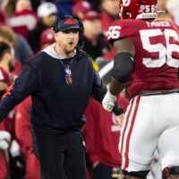 Dec 19, 2025; Norman, OK, USA; Oklahoma Sooners offensive coordinator Ben Arbuckle against the Alabama Crimson Tide during the CFP National Playoff First Round at Gaylord Family Oklahoma Memorial Stadium.