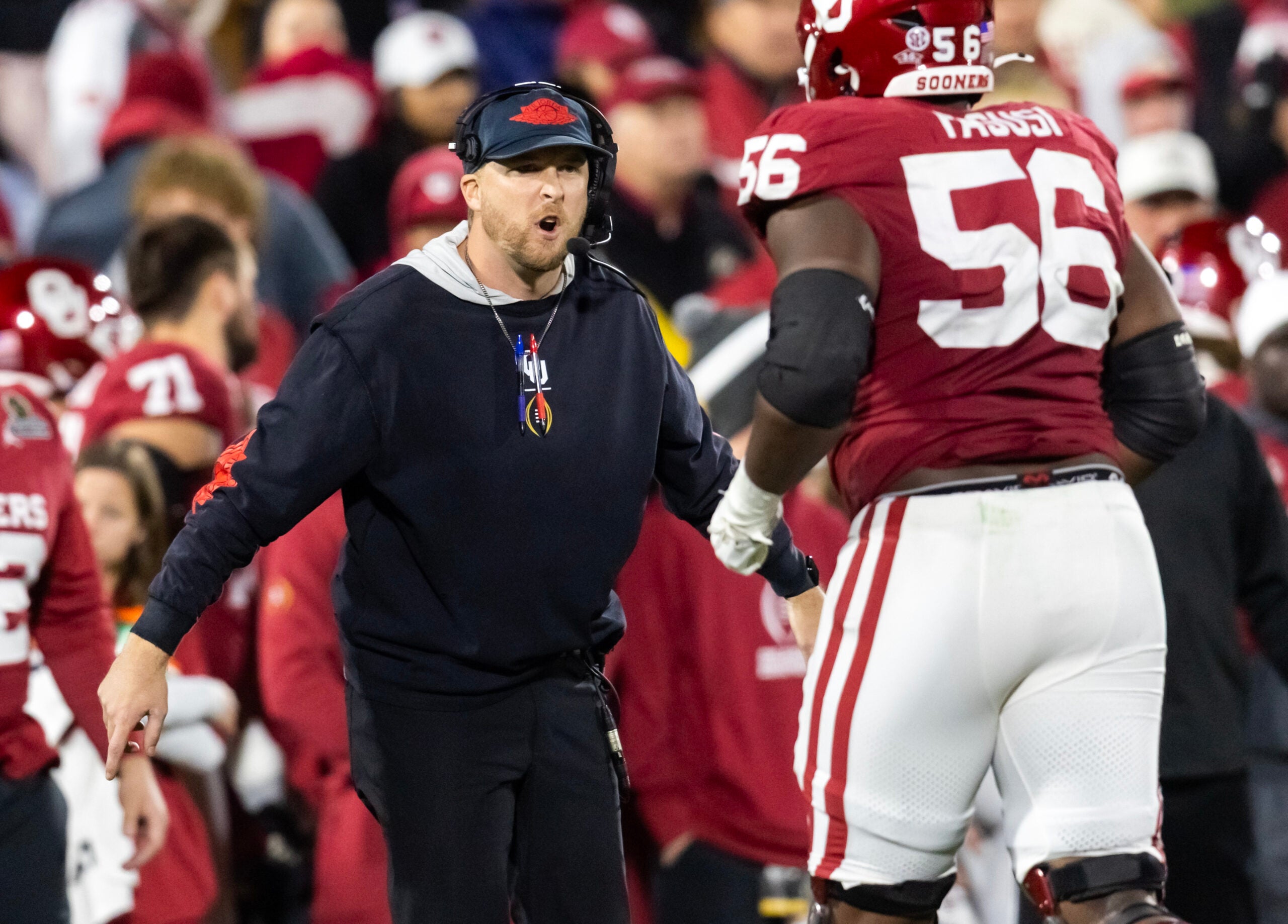 Dec 19, 2025; Norman, OK, USA; Oklahoma Sooners offensive coordinator Ben Arbuckle against the Alabama Crimson Tide during the CFP National Playoff First Round at Gaylord Family Oklahoma Memorial Stadium.