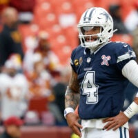 Dec 25, 2025; Landover, Maryland, USA; Dallas Cowboys quarterback Dak Prescott (4) looks on during warmups before the game against the Washington Commanders at Northwest Stadium.