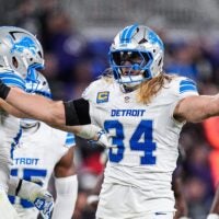 Detroit Lions linebacker Alex Anzalone celebrates a tackle against the Baltimore Ravens during the second half at M&T Bank Stadium in Baltimore, Maryland, on Monday, Sept. 22, 2025.