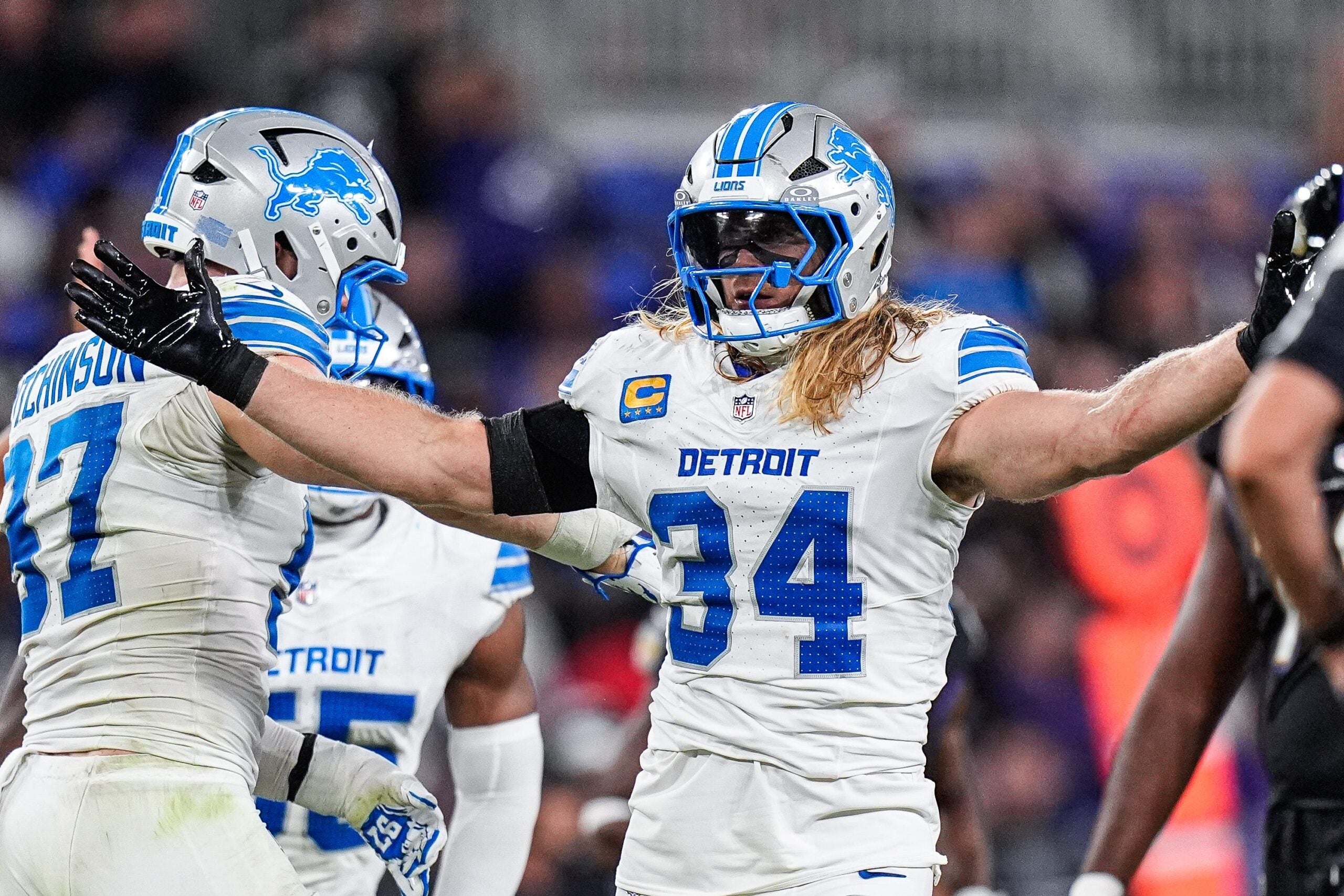 Detroit Lions linebacker Alex Anzalone celebrates a tackle against the Baltimore Ravens during the second half at M&T Bank Stadium in Baltimore, Maryland, on Monday, Sept. 22, 2025.