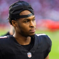 Dec 21, 2025; Glendale, Arizona, USA; Atlanta Falcons wide receiver Darnell Mooney (1) against the Arizona Cardinals at State Farm Stadium.