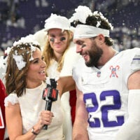 Dec 25, 2025; Minneapolis, Minnesota, USA; Minnesota Vikings safety Harrison Smith (22) is interviewed by Dianna Russini after the game against the Detroit Lions at U.S. Bank Stadium.