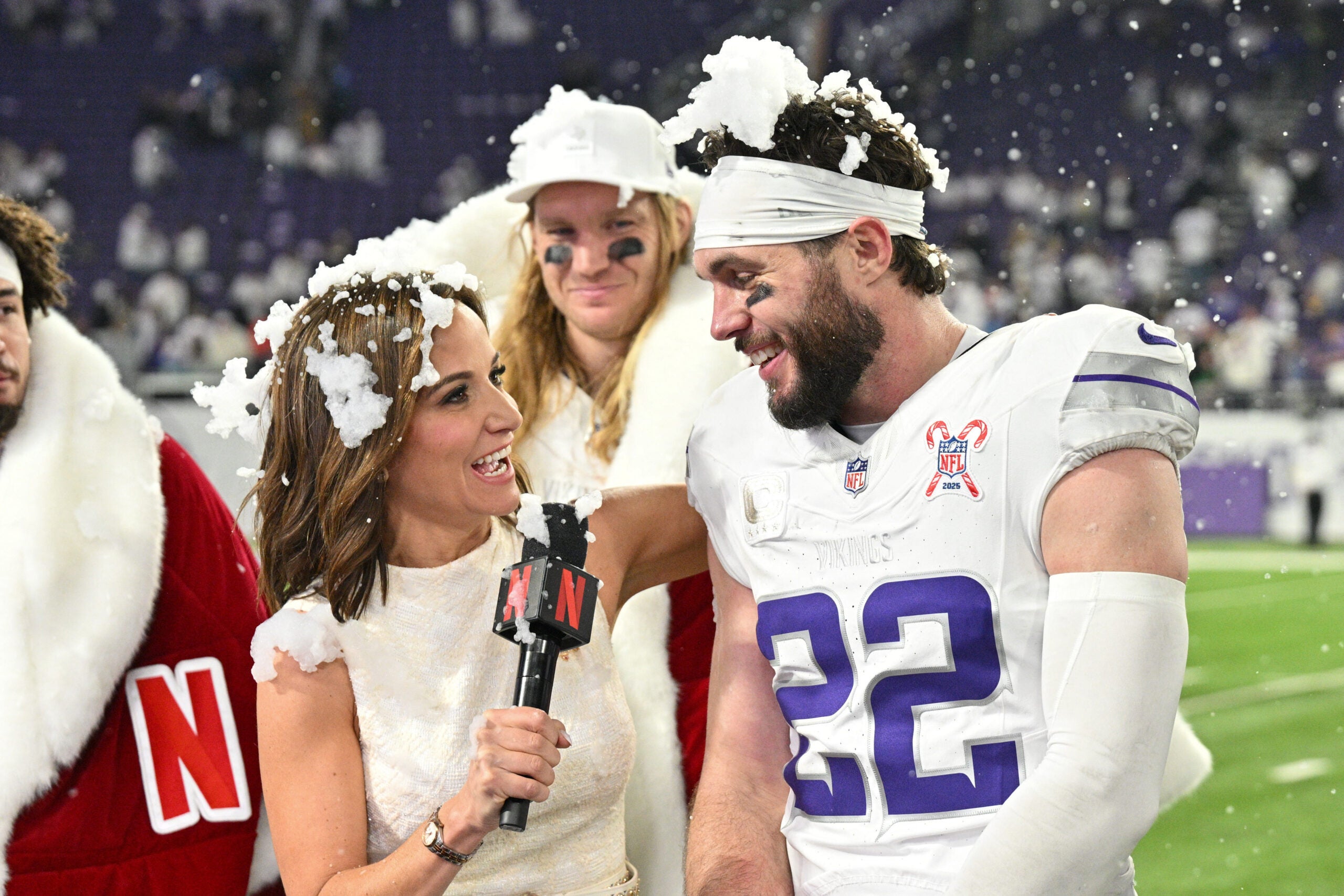Dec 25, 2025; Minneapolis, Minnesota, USA; Minnesota Vikings safety Harrison Smith (22) is interviewed by Dianna Russini after the game against the Detroit Lions at U.S. Bank Stadium.