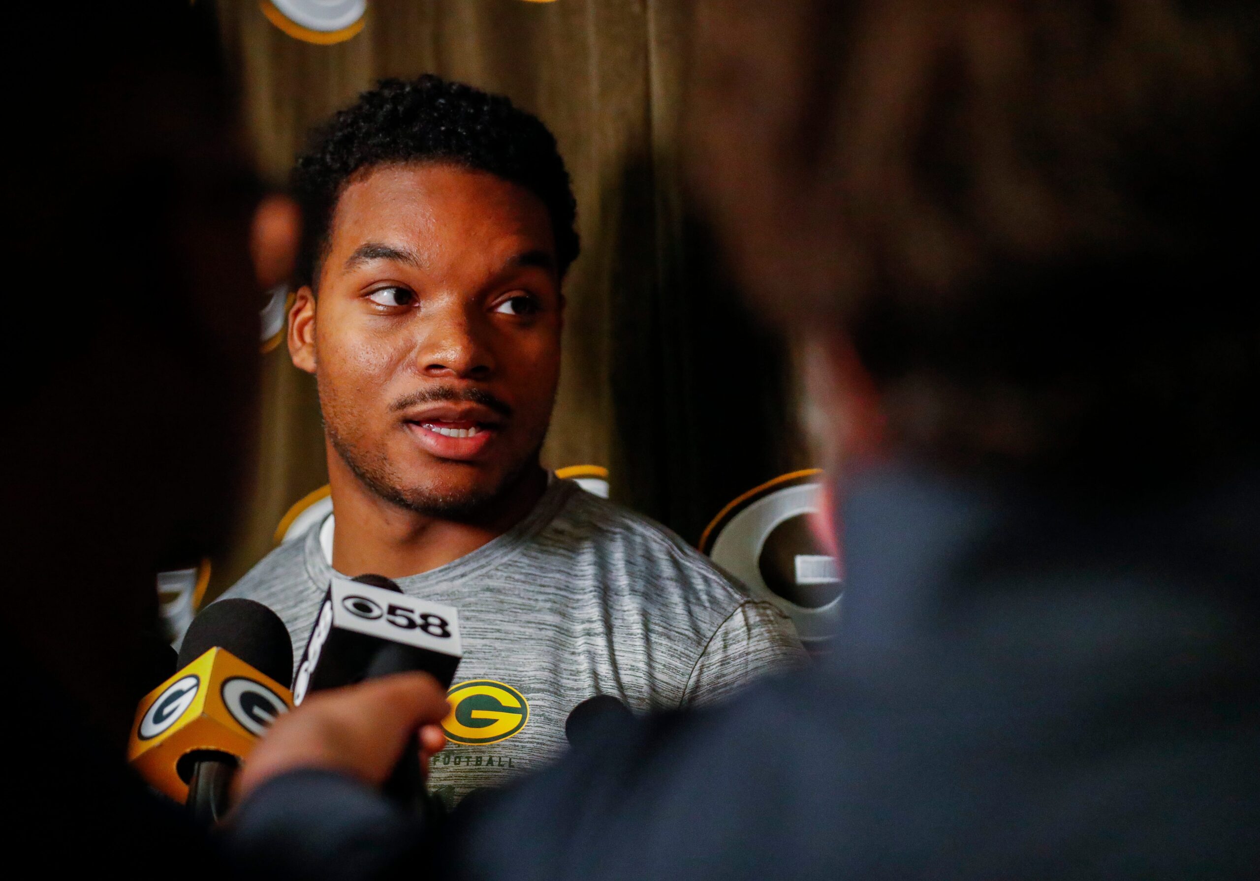 Green Bay Packers rookie linebacker Collin Oliver is interviewed by the media during rookie minicamp on Friday, May 2, 2025, at Lambeau Field in Green Bay, Wisconsin. The Packers selected Oliver with their fifth round pick in the 2025 NFL Draft.