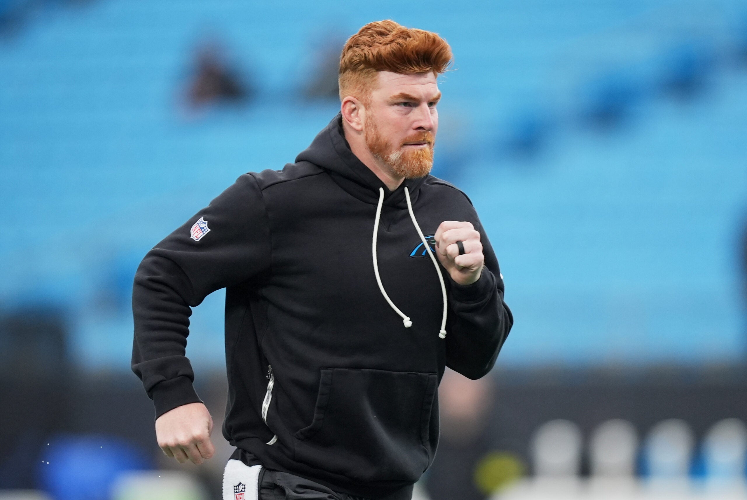 Dec 28, 2025; Charlotte, North Carolina, USA; Carolina Panthers quarterback Andy Dalton (14) warms up before the game against the Seattle Seahawks at Bank of America Stadium.