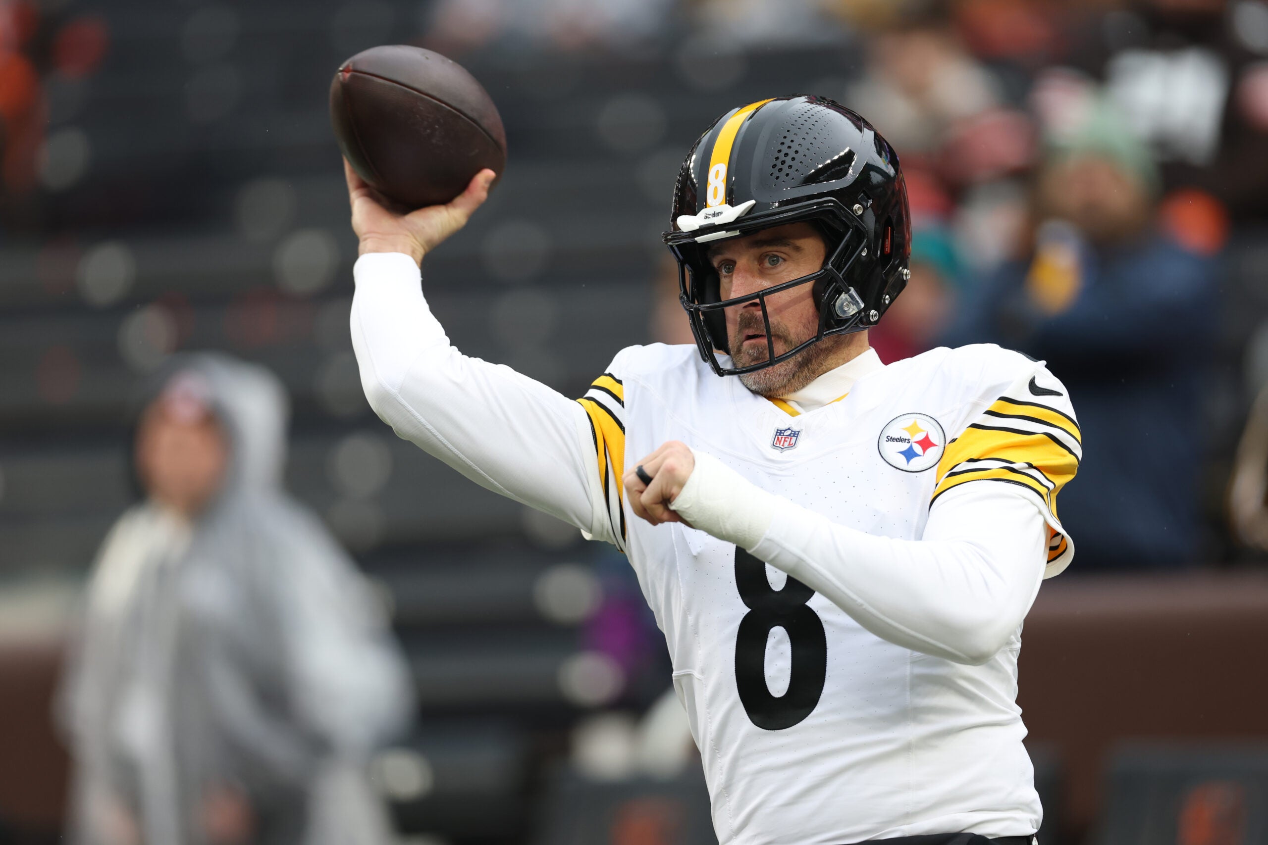 Dec 28, 2025; Cleveland, Ohio, USA; Pittsburgh Steelers quarterback Aaron Rodgers (8) warms up before the game against the Cleveland Browns at Huntington Bank Field.