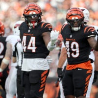 Dec 28, 2025; Cincinnati, Ohio, USA; Cincinnati Bengals linebacker Demetrius Knight Jr. (44) and Cincinnati Bengals linebacker Barrett Carter (49) react after a play during the second half against the Arizona Cardinals at Paycor Stadium.