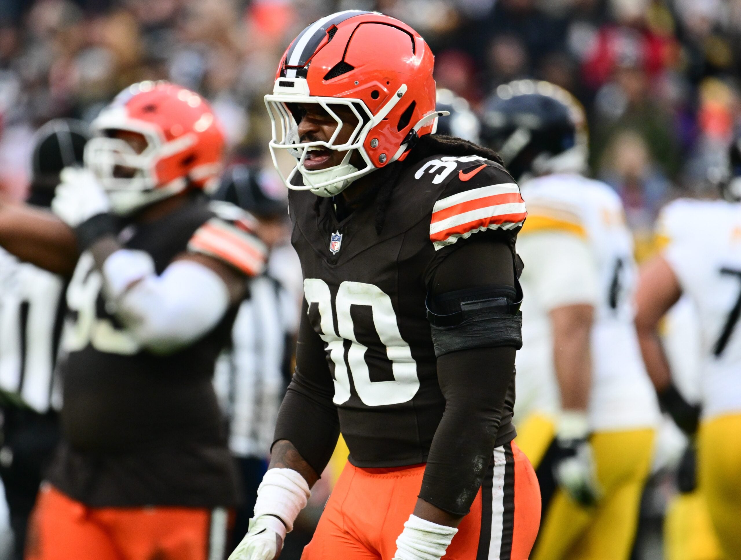 Dec 28, 2025; Cleveland, Ohio, USA; Cleveland Browns linebacker Devin Bush (30) reacts after Pittsburgh Steelers miss a field goal in the third quarter at Huntington Bank Field.