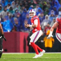 Dec 28, 2025; Orchard Park, New York, USA; Buffalo Bills quarterback Josh Allen (17) looks to throw a pass against the Philadelphia Eagles during the first quarter at Highmark Stadium.