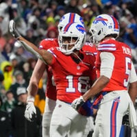Dec 28, 2025; Orchard Park, New York, USA; Buffalo Bills wide receiver Brandin Cooks (18) acknowledges the crowd after catching a pass thrown by quarterback Josh Allen (not pictured) against the Philadelphia Eagles during the fourth quarter at Highmark Stadium.