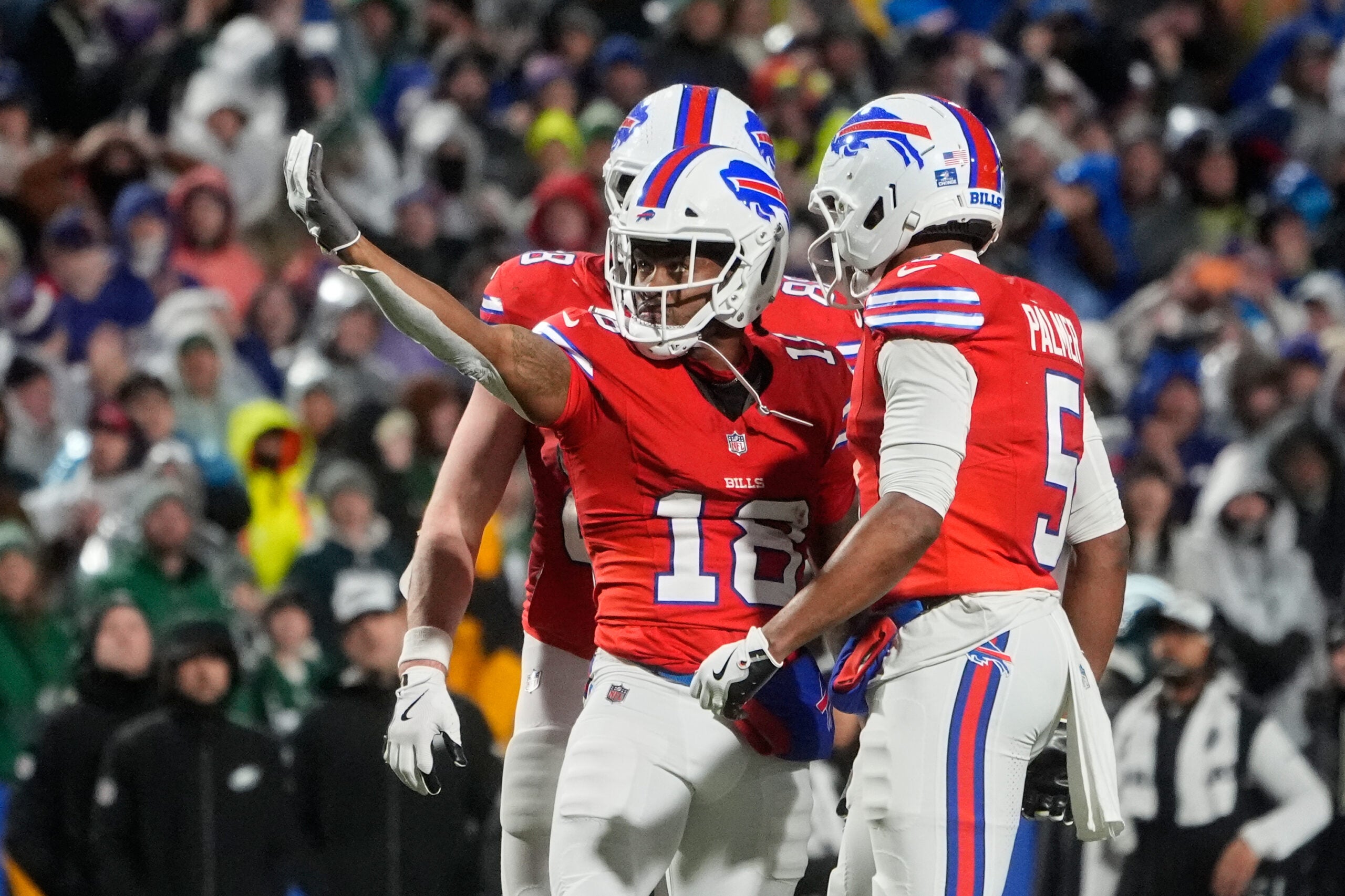 Dec 28, 2025; Orchard Park, New York, USA; Buffalo Bills wide receiver Brandin Cooks (18) acknowledges the crowd after catching a pass thrown by quarterback Josh Allen (not pictured) against the Philadelphia Eagles during the fourth quarter at Highmark Stadium.