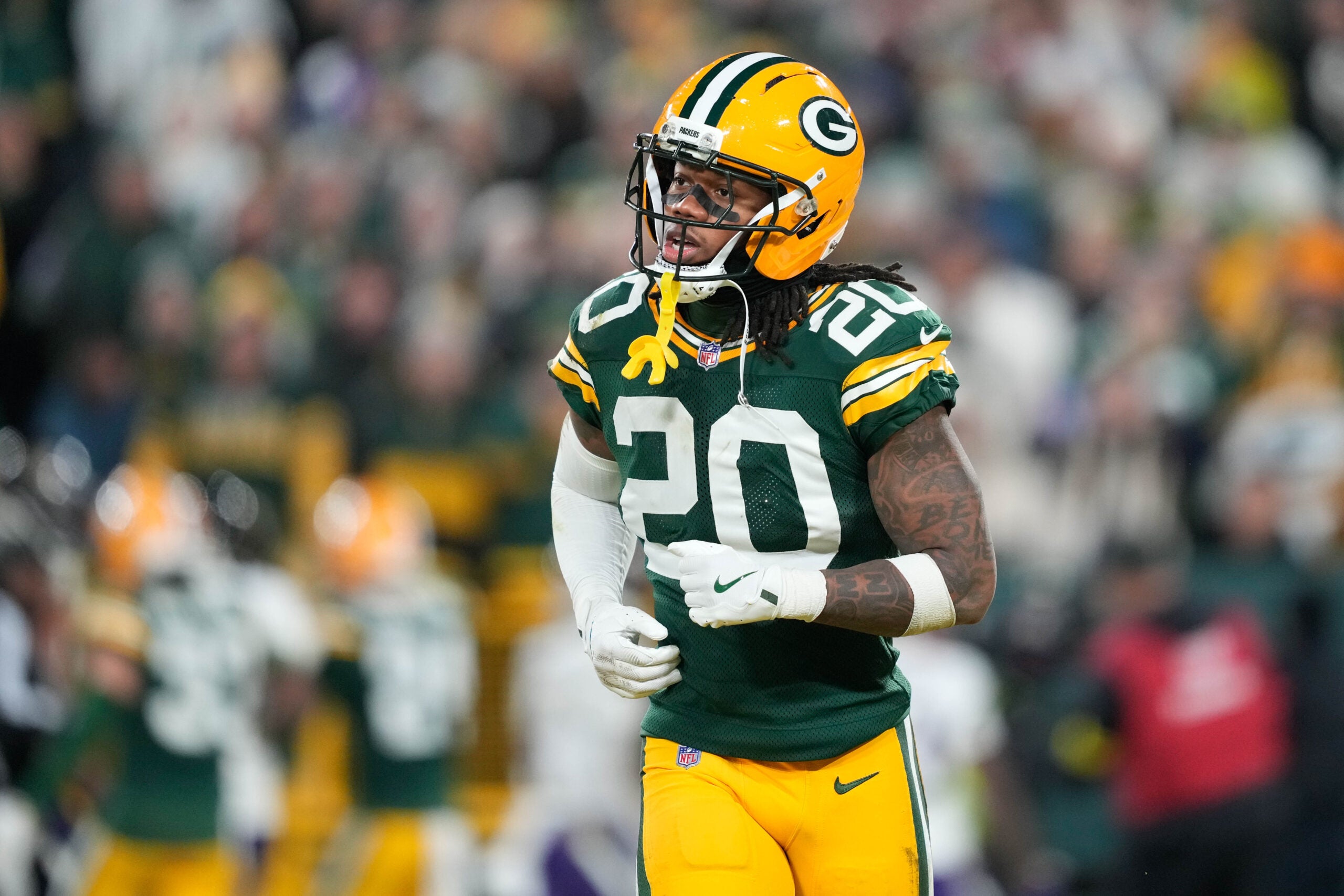 Dec 27, 2025; Green Bay, Wisconsin, USA; Green Bay Packers safety Javon Bullard (20) looks on during the fourth quarter against the Green Bay Packers at Lambeau Field.