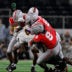Dec 31, 2025; Arlington, TX, USA; Ohio State Buckeyes linebacker Arvell Reese (8) and defensive lineman Kayden McDonald (98) and cornerback Davison Igbinosun (1) tackles Miami Hurricanes running back Mark Fletcher Jr. (4) during the 2025 Cotton Bowl and quarterfinal game of the College Football Playoff at AT&T Stadium. Mandatory Credit: Jerome Miron-Imagn Images