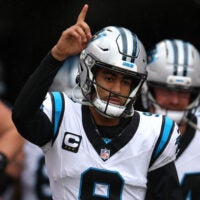 Jan 3, 2026; Tampa, Florida, USA; Carolina Panthers quarterback Bryce Young (9) runs on field before the game against the Tampa Bay Buccaneers at Raymond James Stadium.