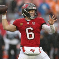 Jan 3, 2026; Tampa, Florida, USA; Tampa Bay Buccaneers quarterback Baker Mayfield (6) throws a pass against the Carolina Panthers in the first half at Raymond James Stadium.