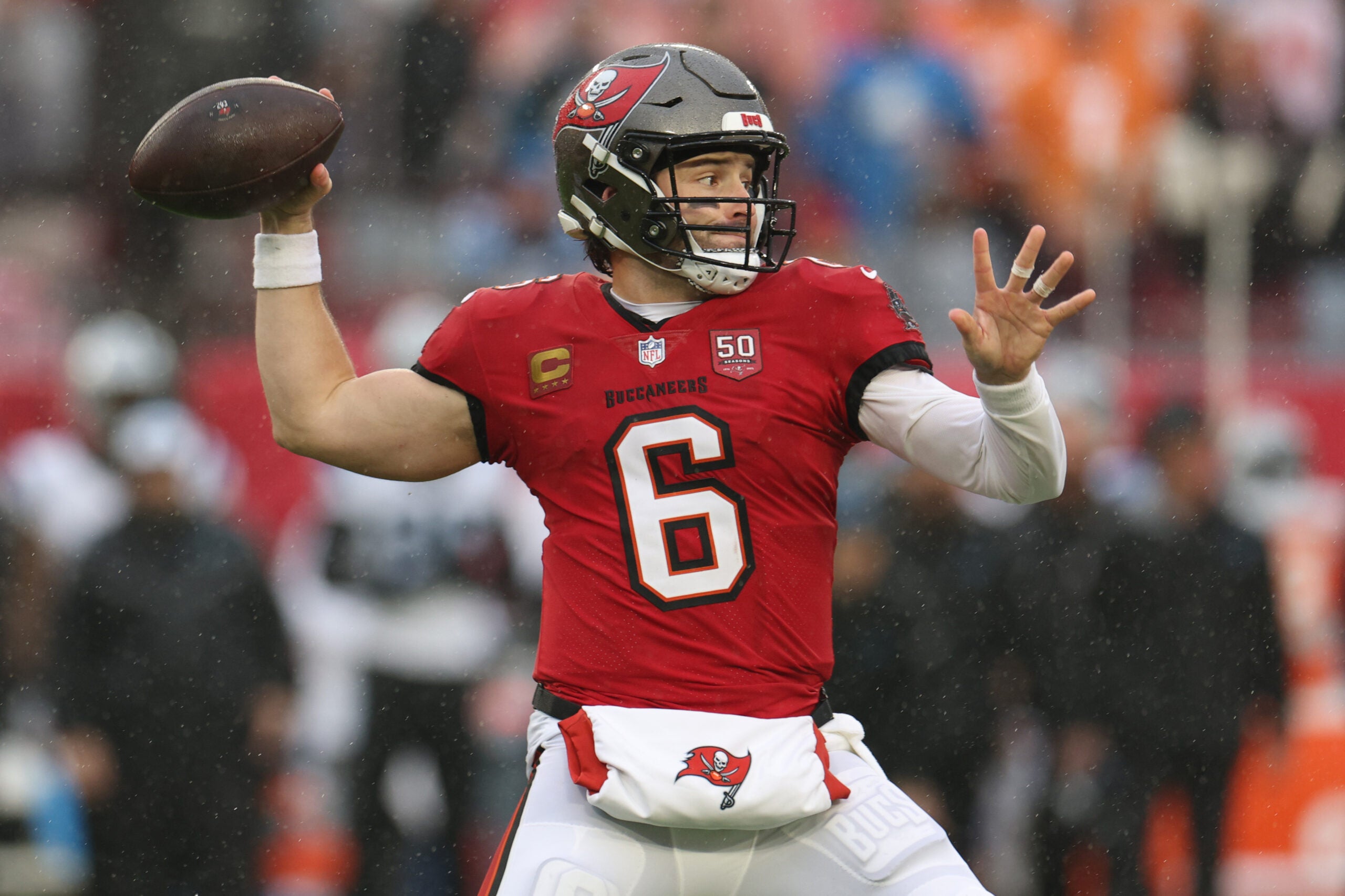 Jan 3, 2026; Tampa, Florida, USA; Tampa Bay Buccaneers quarterback Baker Mayfield (6) throws a pass against the Carolina Panthers in the first half at Raymond James Stadium.