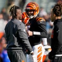 Cincinnati Bengals quarterback Joe Flacco (16) catches up with former teammates before the first quarter of the NFL Week 18 game between the Cincinnati Bengals and the Cleveland Browns at Paycor Stadium in Downtown Cincinnati on Sunday, Jan. 4, 2026.