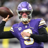 Jan 4, 2026; Minneapolis, Minnesota, USA; Minnesota Vikings quarterback J.J. McCarthy (9) warms up prior to the game against the Green Bay Packers at U.S. Bank Stadium.