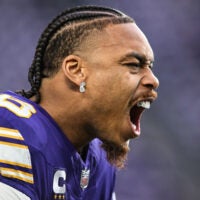 Jan 4, 2026; Minneapolis, Minnesota, USA; Minnesota Vikings wide receiver Justin Jefferson (18) warms up prior to the game against the Green Bay Packers at U.S. Bank Stadium.