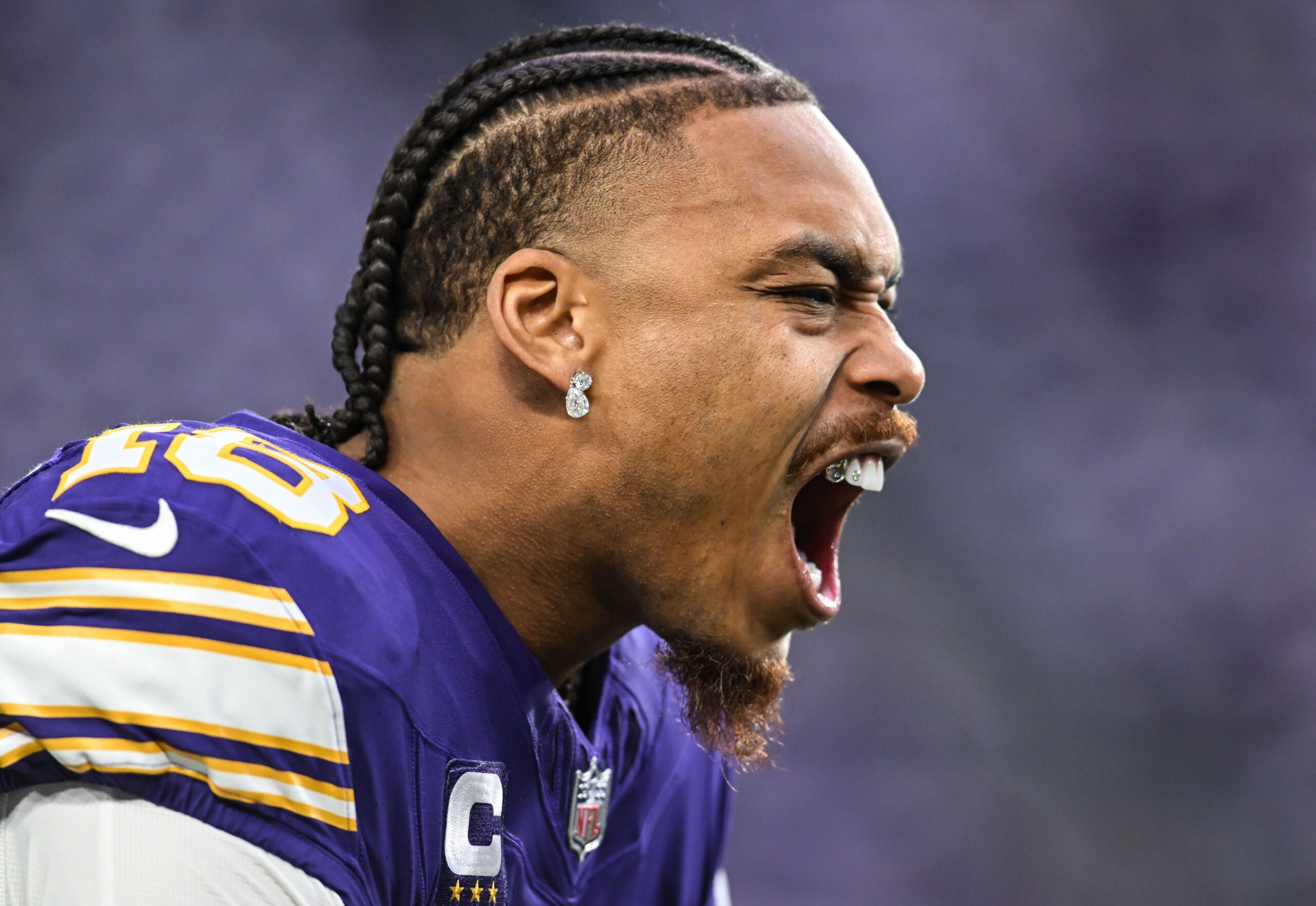 Jan 4, 2026; Minneapolis, Minnesota, USA; Minnesota Vikings wide receiver Justin Jefferson (18) warms up prior to the game against the Green Bay Packers at U.S. Bank Stadium.