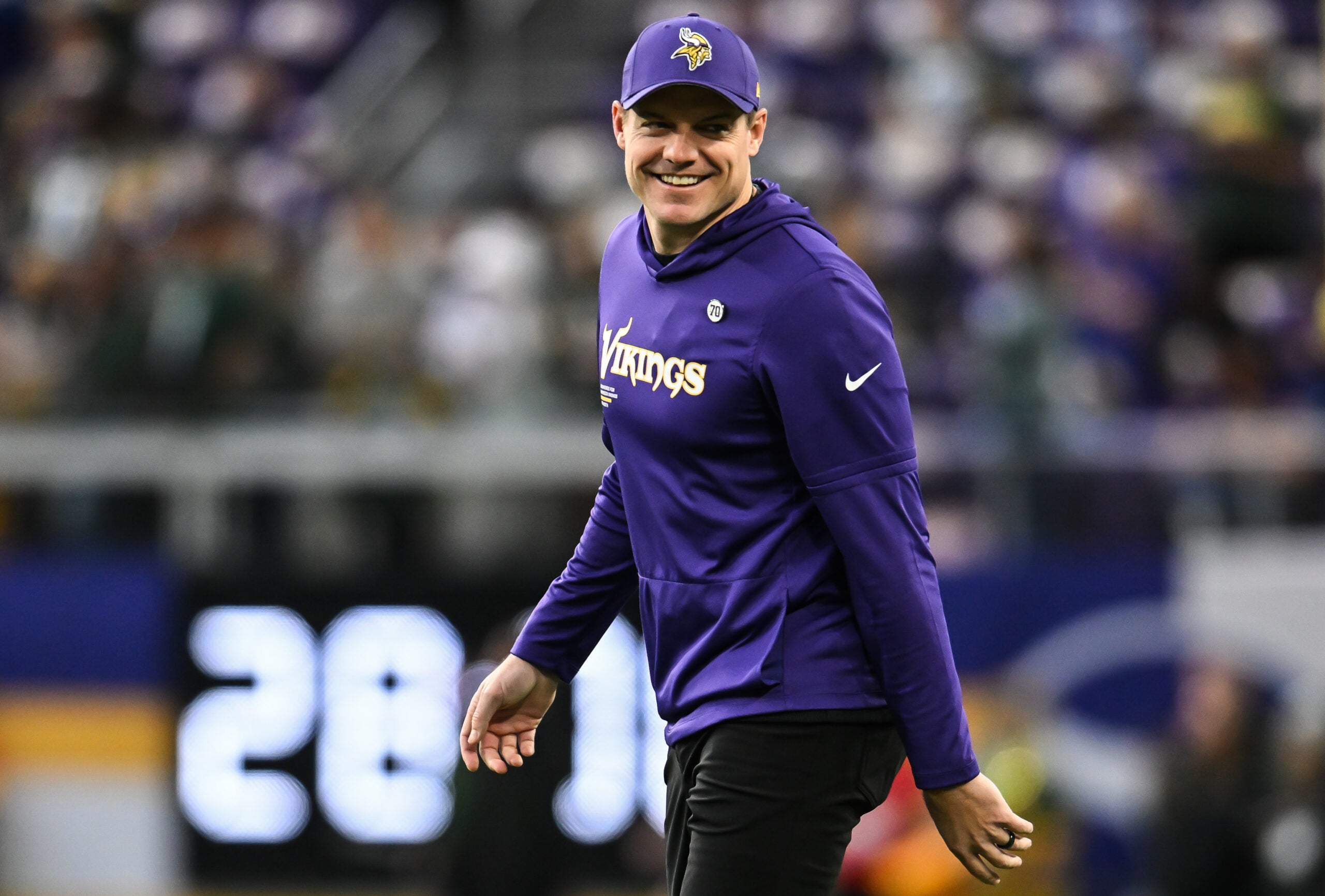 Jan 4, 2026; Minneapolis, Minnesota, USA; Minnesota Vikings head coach Kevin O'Connell is seen during warmups prior to the game against the Green Bay Packers at U.S. Bank Stadium.