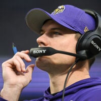 Jan 4, 2026; Minneapolis, Minnesota, USA; Minnesota Vikings head coach Kevin O'Connell looks on against the Green Bay Packers during the first quarter at U.S. Bank Stadium.