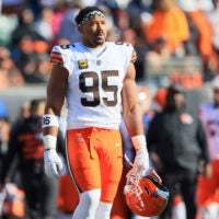 Jan 4, 2026; Cincinnati, Ohio, USA; Cleveland Browns defensive end Myles Garrett (95) walks on the field during the first half against the Cincinnati Bengals at Paycor Stadium.