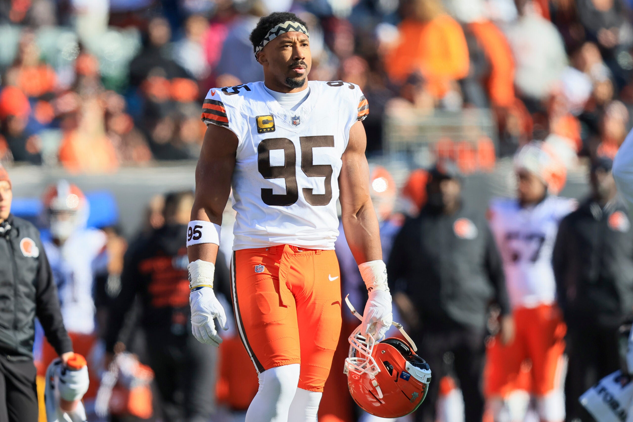 Jan 4, 2026; Cincinnati, Ohio, USA; Cleveland Browns defensive end Myles Garrett (95) walks on the field during the first half against the Cincinnati Bengals at Paycor Stadium.