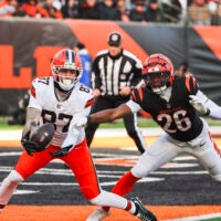 Jan 4, 2026; Cincinnati, Ohio, USA; Cincinnati Bengals safety Tycen Anderson (26) breaks up a pass intended for Cleveland Browns tight end Sal Cannella (87) during the third quarter at Paycor Stadium.