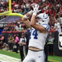 Jan 4, 2026; Houston, Texas, USA; Indianapolis Colts wide receiver Alec Pierce (14) catches a touchdown pass against the Houston Texans during the first half at NRG Stadium.