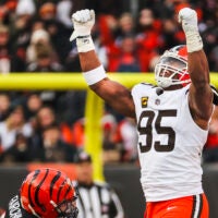 Jan 4, 2026; Cincinnati, Ohio, USA; Cleveland Browns defensive end Myles Garrett (95) celebrates following a sack against the Cincinnati Bengals during the fourth quarter at Paycor Stadium. The play set a new NFL single season sack record by Garrett.