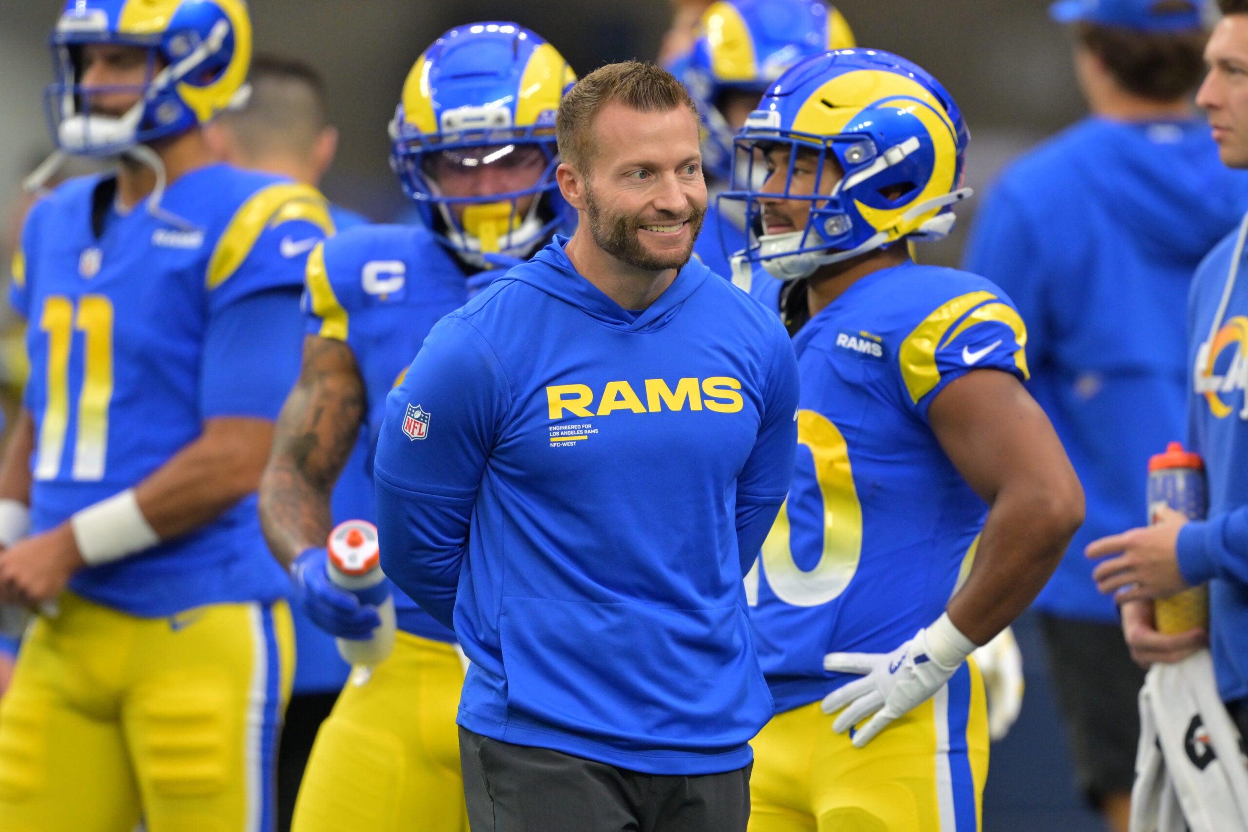 Jan 4, 2026; Inglewood, California, USA; Los Angeles Rams head coach Sean McVay on the field prior to a game against the Arizona Cardinals at SoFi Stadium. s