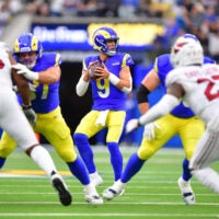 Jan 4, 2026; Inglewood, California, USA; Los Angeles Rams quarterback Matthew Stafford (9) stands in the pocket against the Arizona Cardinals during the first half at SoFi Stadium.