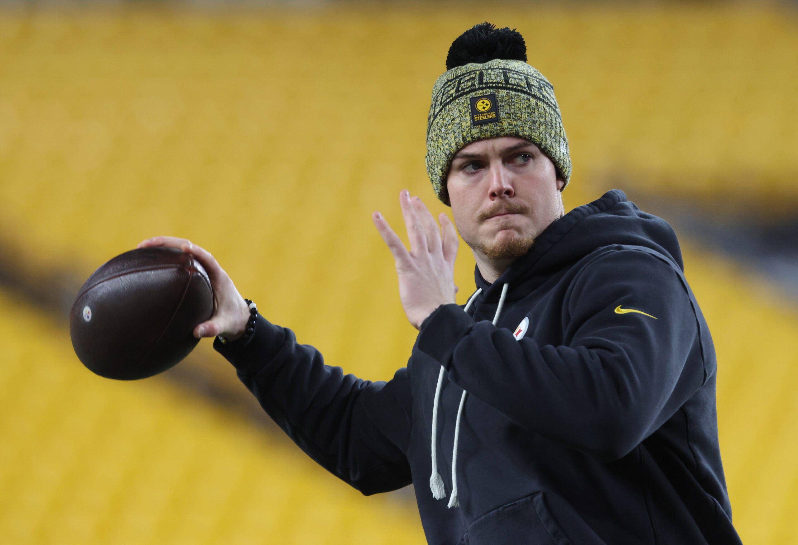 Jan 4, 2026; Pittsburgh, Pennsylvania, USA; Pittsburgh Steelers quarterback Will Howard (18) warms up before the game against the Baltimore Ravens at Acrisure Stadium.