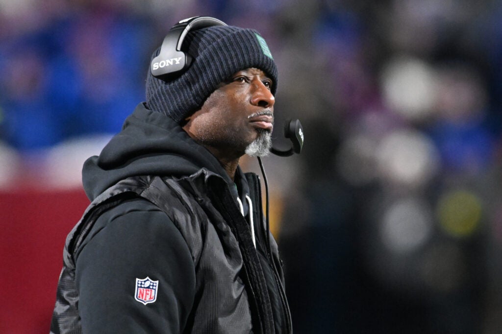 Jan 4, 2026; Orchard Park, New York, USA; New York Jets head coach Aaron Glenn looks on during the second half against the Buffalo Bills at Highmark Stadium.