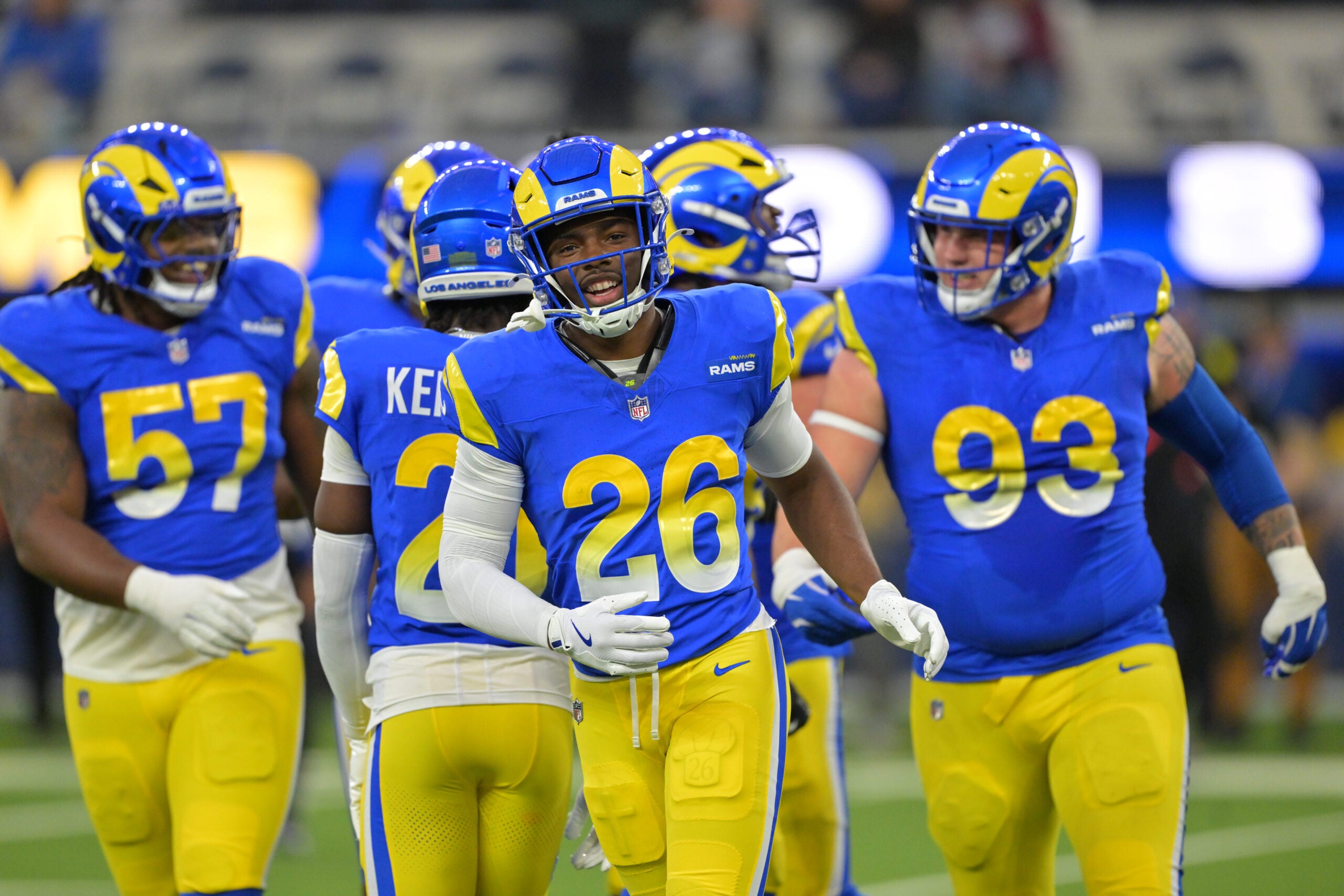 Jan 4, 2026; Inglewood, California, USA; Los Angeles Rams safety Kamren Kinchens (26) runs off the field following a defensive stop against the Arizona Cardinals during the second half at SoFi Stadium.