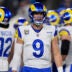 Jan 10, 2026; Charlotte, NC, USA; Los Angeles Rams quarterback Matthew Stafford (9) reacts in the first half during the NFC Wild Card Round game at Bank of America Stadium.