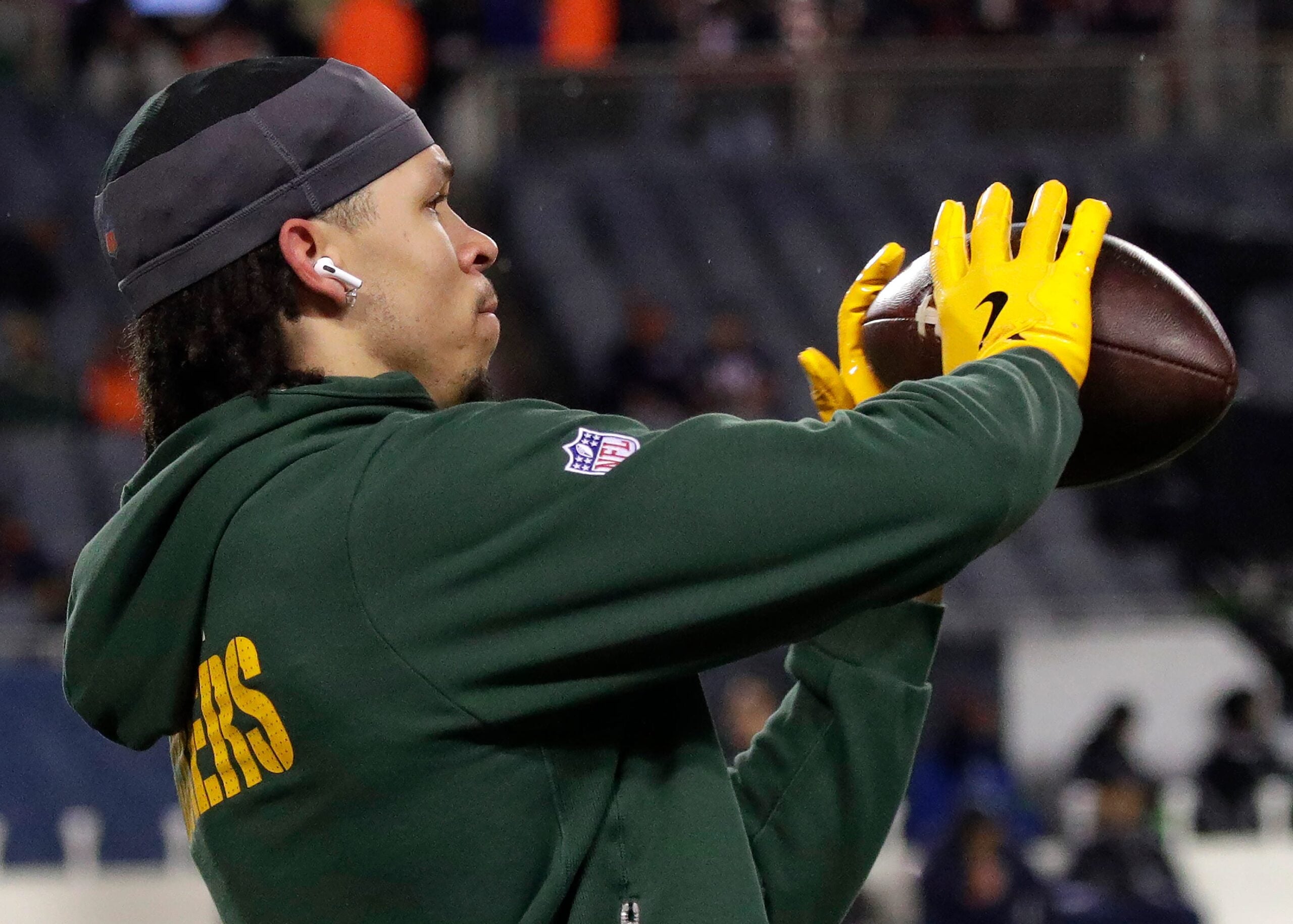 Green Bay Packers wide receiver Christian Watson (9) during pregame warm-ups before the Green Bay Packers take on the Chicago Bears in a wild-card playoff football game Saturday, January 10, 2026, at Soldier Field in Chicago, Illinois.
