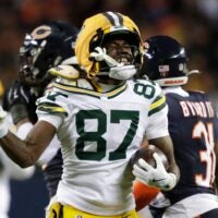Green Bay Packers wide receiver Romeo Doubs (87) celebrates a first down reception against the Chicago Bears in the fourth quarter during their wild-card playoff football game Saturday, January 10, 2026, at Soldier Field in Chicago, Illinois.