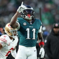 Jan 11, 2026; Philadelphia, PA, USA; Philadelphia Eagles wide receiver A.J. Brown (11) celebrates first down against the San Francisco 49ers during the first quarter in an NFC Wild Card Round game at Lincoln Financial Field.
