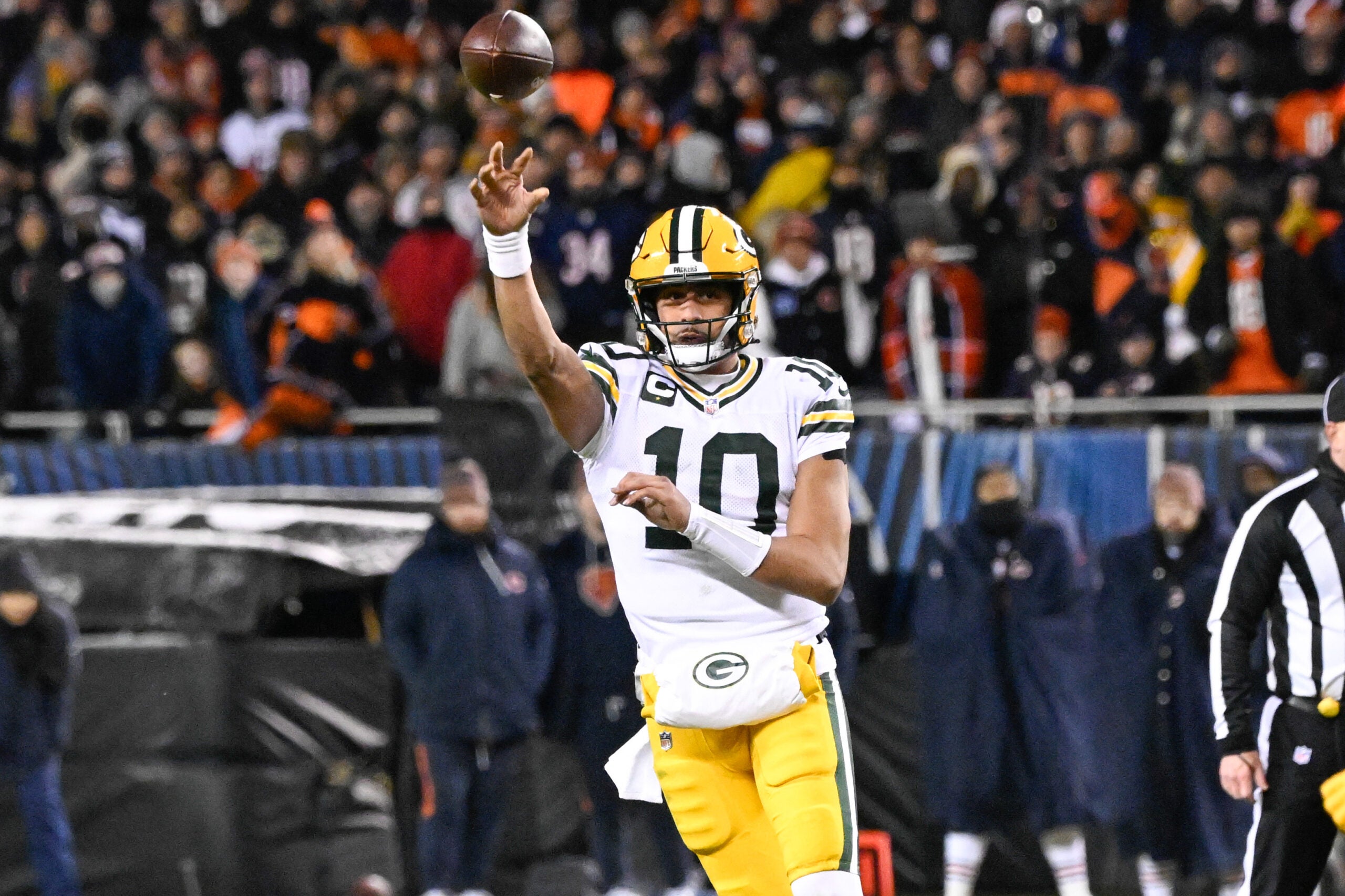 Jan 10, 2026; Chicago, IL, USA; in Green Bay Packers quarterback Jordan Love (10) passes the ball during an NFC Wild Card Round game against the Chicago Bears at Soldier Field.