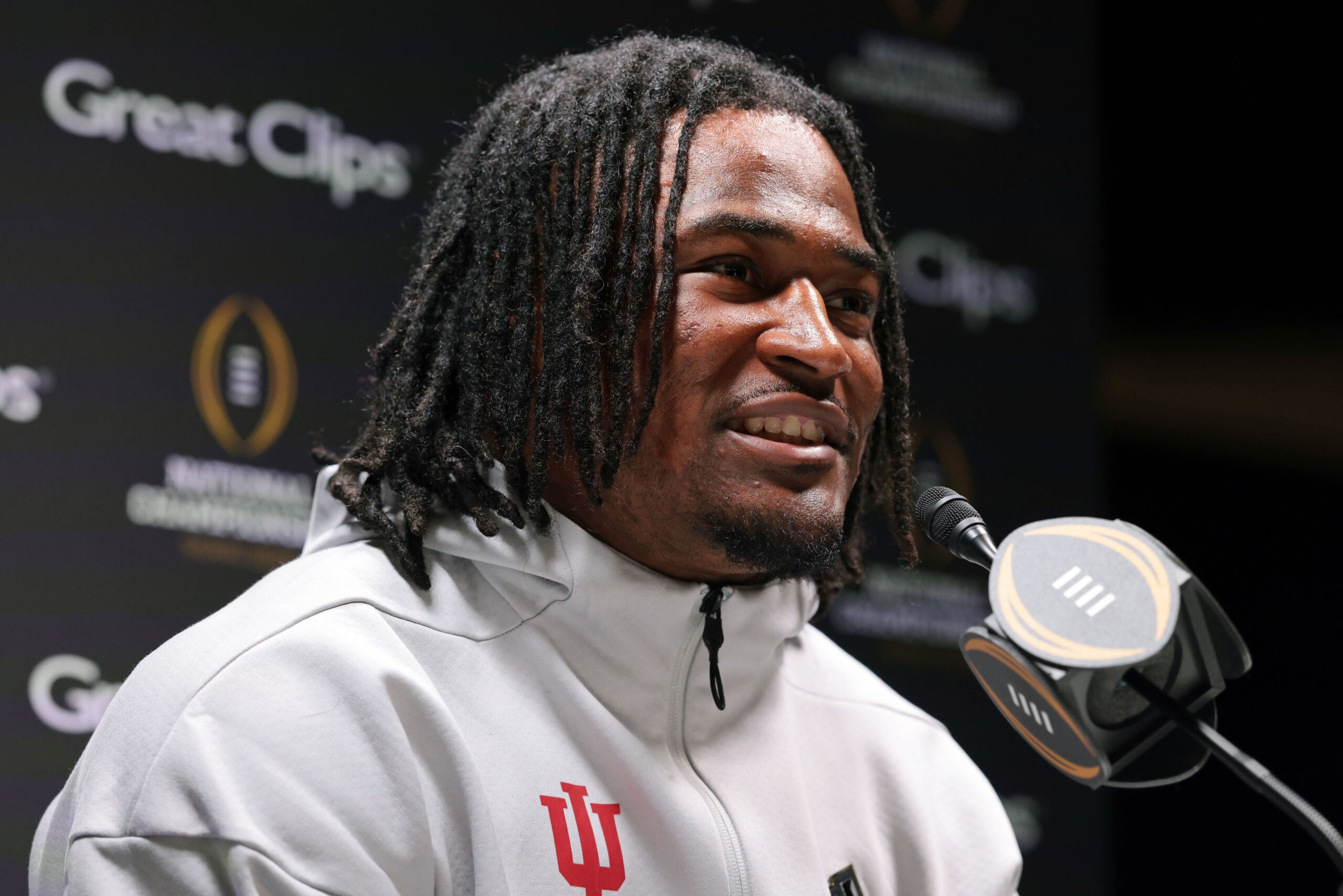 Jan 17, 2026; Miami Gardens, FL, USA; Indiana Hoosiers running back Kaelon Black (8) talks to the media during media day for the 2025 College Football Playoff National Championship at Miami Beach Convention Center.
