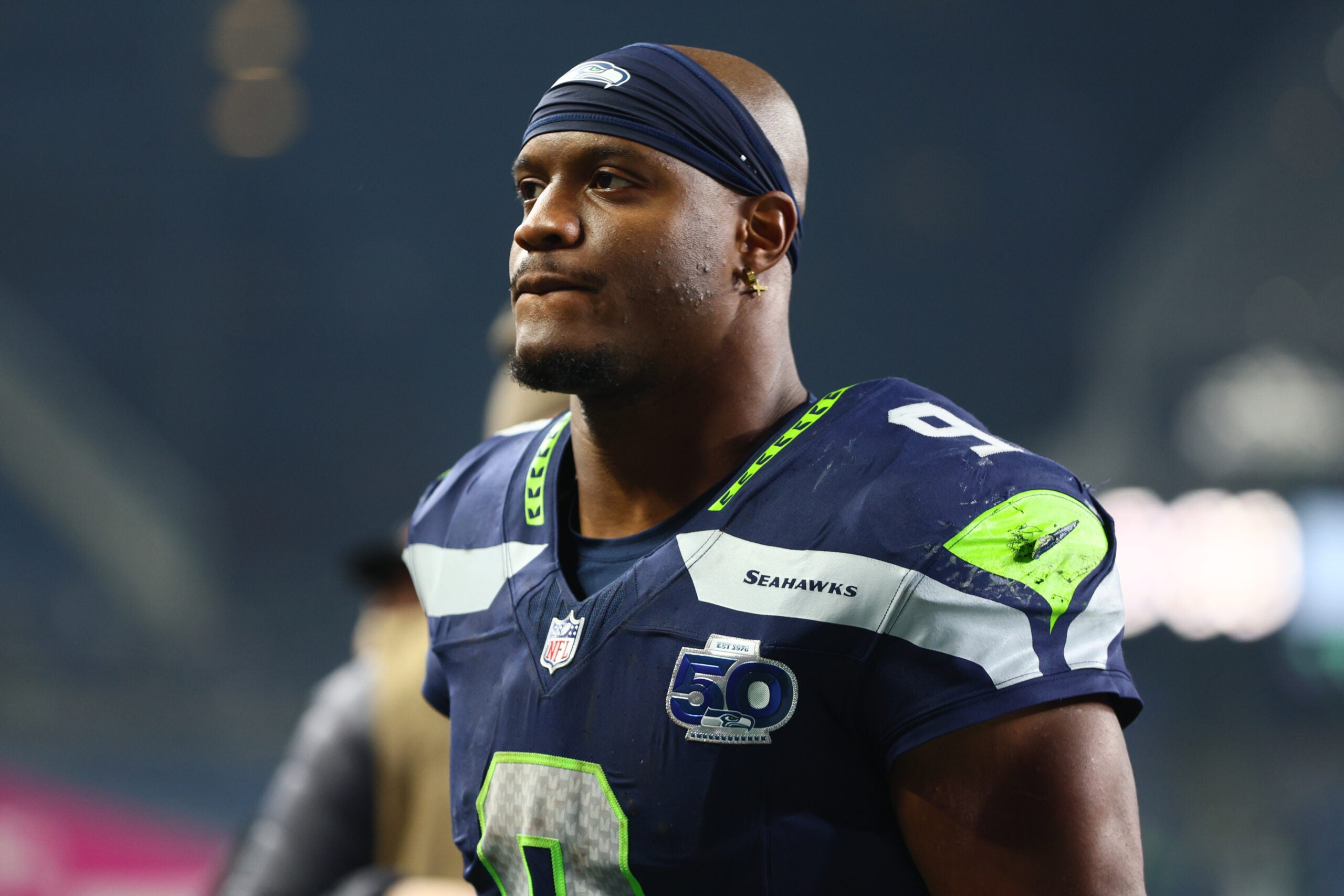 Jan 17, 2026; Seattle, WA, USA; Seattle Seahawks running back Kenneth Walker III (9) leaves the field following an NFC Divisional Round game against the San Francisco 49ers at Lumen Field.