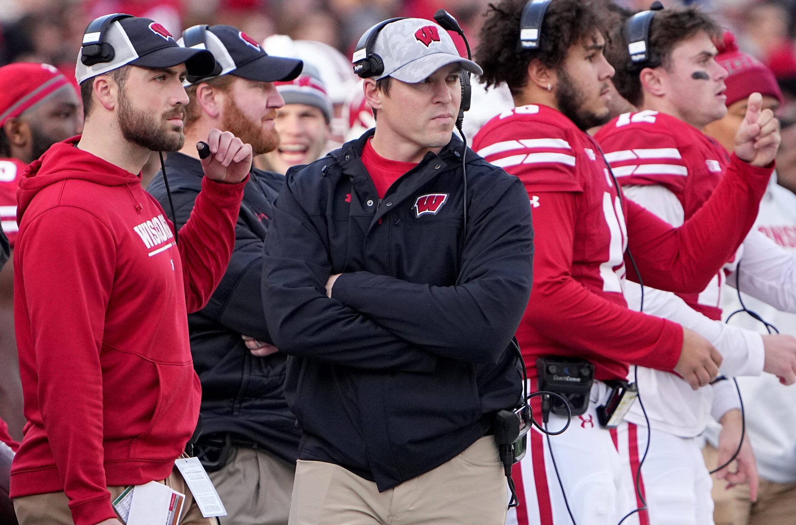 Wisconsin head coach Jim Leonhard, center, is shown during the first quarter of their game Saturday, November 26, 2022 at Camp Randall Stadium in Madison, Wisc.