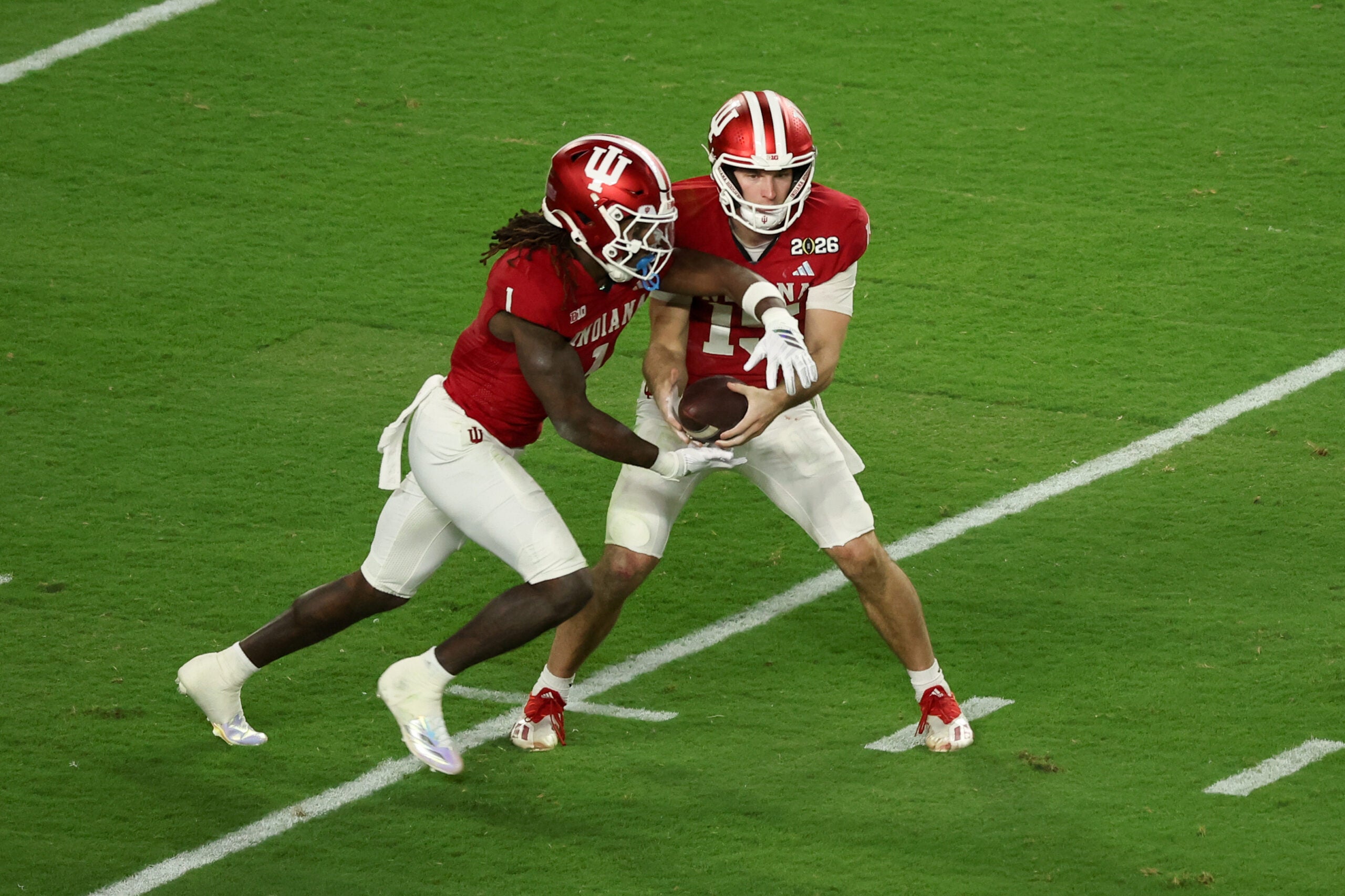 Indiana Hoosiers quarterback Fernando Mendoza and running back Roman Hemby Las Vegas Raiders 2026 mock draft simulator